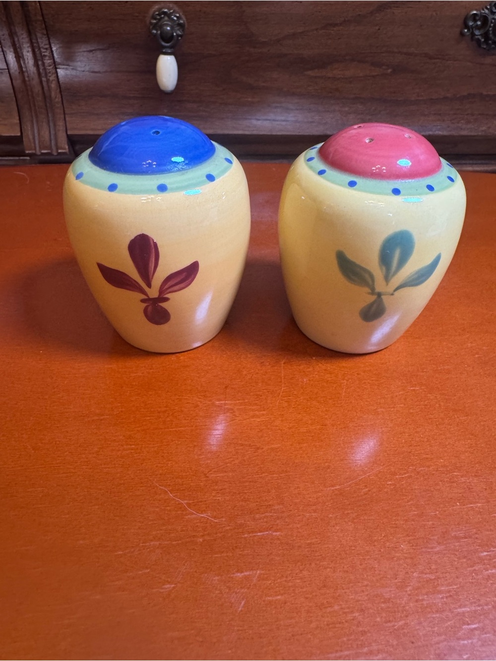 Pfaltzgraf Yellow Ceramic Salt and Pepper Shakers with Blue and Pink Top